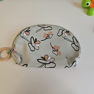Ipsy Floral Patterned Pouch with Wooden Ring USED